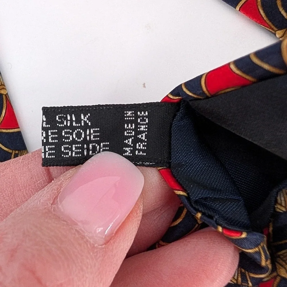 Lanvin Paris Silk Necktie Mens VTG Red Blue Gold Art Deco Scallop Made in France